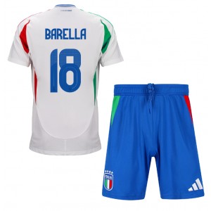 Fotbalové Dres Itálie Nicolo Barella #18 Dětské Venkovní Oblečení ME 2024 Krátký Rukáv (+ trenýrky)